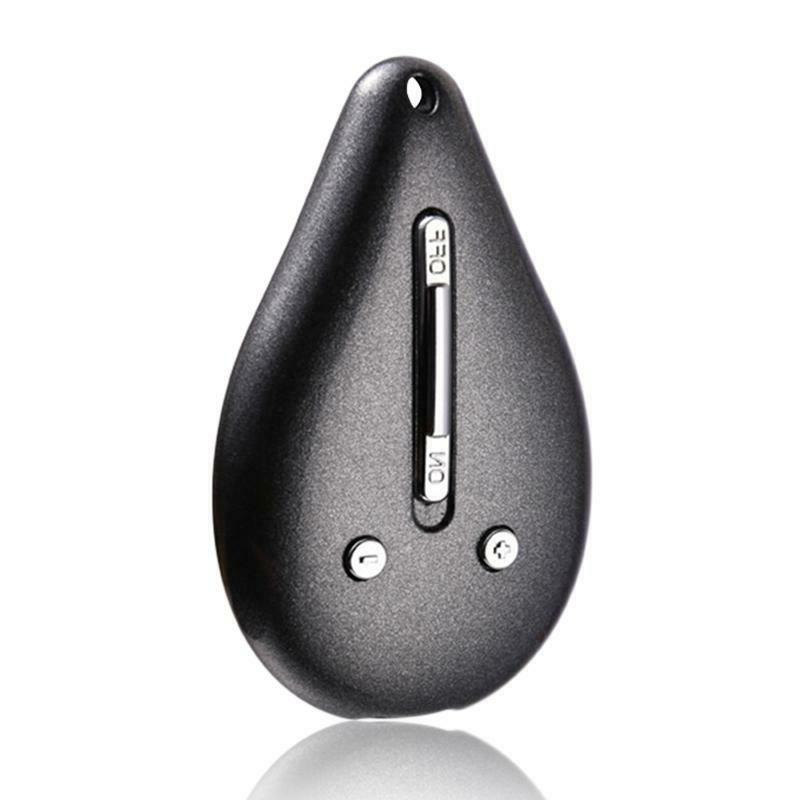 Fitlybuy teardrop-shaped black keychain voice recorder with central toggle switch and two buttons. Isolated on white.