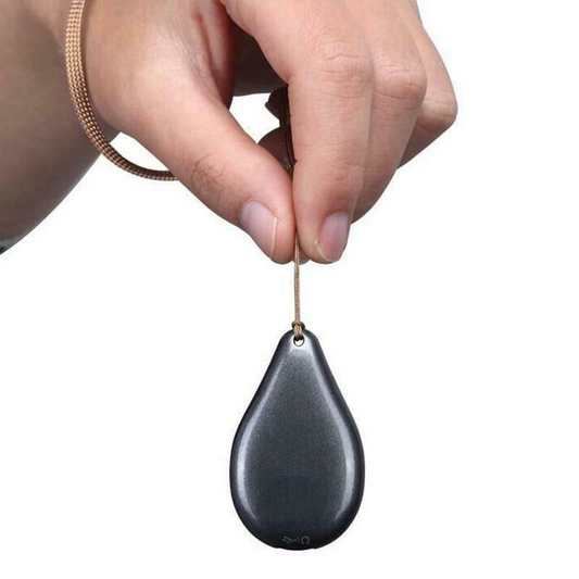 A hand holds a sleek, teardrop-shaped gray Fitlybuy keychain voice recorder on a cord against a white background.