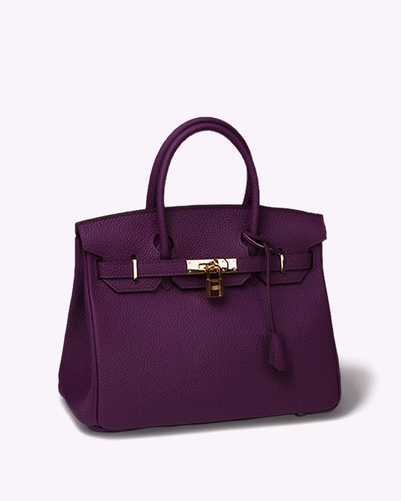 Fitlybuy LuxeCarry purple leather handbag with gold hardware, top handles, and a secure lock closure on a white background.