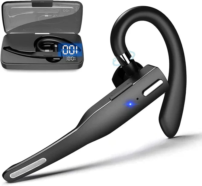 Fitlybuy RoadMic Pro black wireless Bluetooth headset with noise-canceling mic and charging case with digital display.