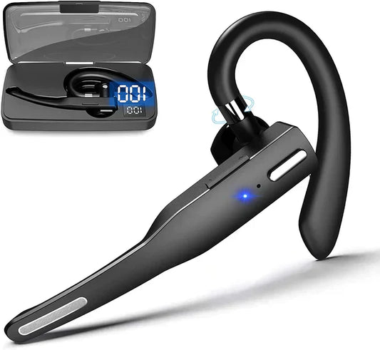 Fitlybuy black noise-cancelling Bluetooth headset with charging case showing battery levels and rotating earpiece.