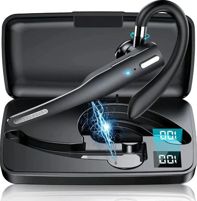 Fitlybuy black Bluetooth 5.1 trucker headset with SoundShield, over-ear hook, and LED charging case showing 100% battery.