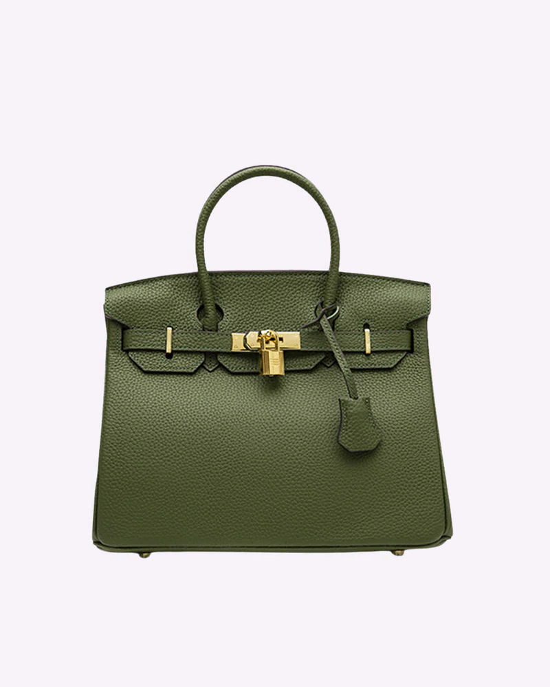 Olive green leather Fitlybuy LuxeCarry handbag with gold hardware, padlock closure, and top handle against white.