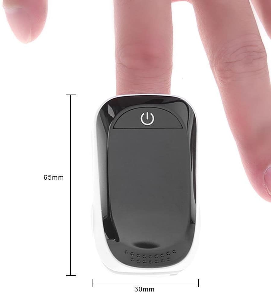 Black and white portable finger pulse oximeter with power button, measuring 65mm by 30mm, worn on a finger.