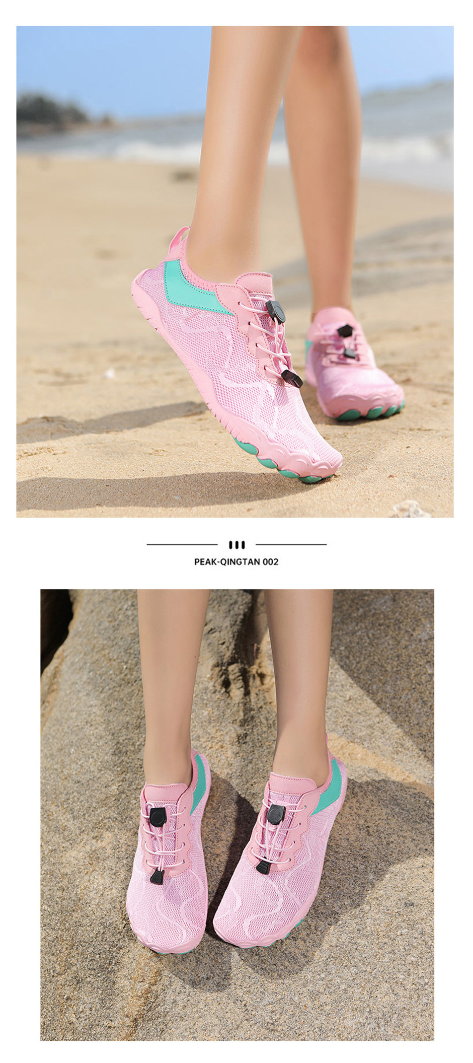 Pink and teal Fitlybuy AquaStep barefoot water shoes with toggled laces worn on a sandy beach and rocky terrain.