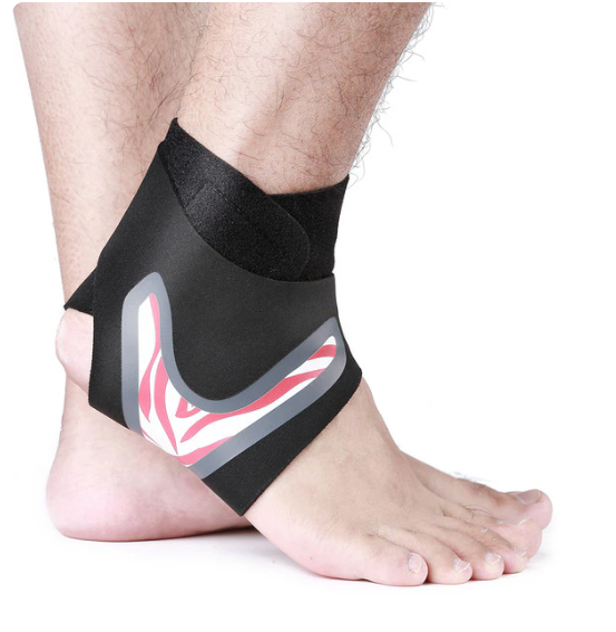 Fitlybuy black ankle brace with FlexiGuard red-striped stabilizer worn on a person's foot for orthopedic support.