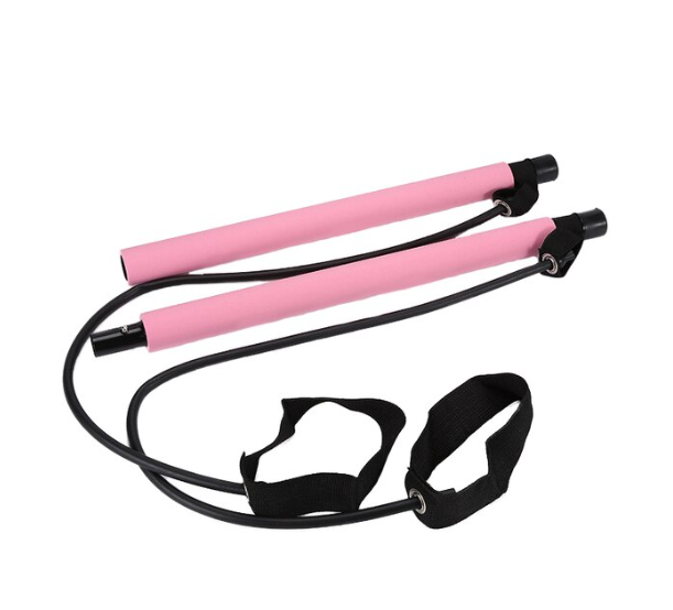 Fitlybuy pink Pilates bar with black FlexiGrip resistance bands and foot loops, shown on a white background.
