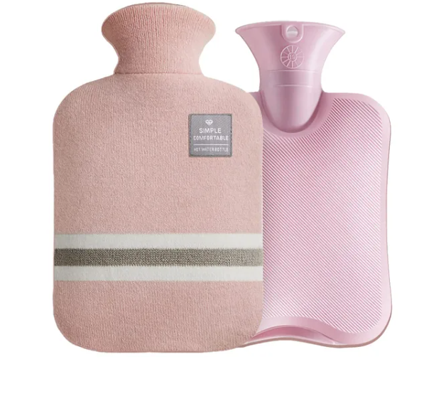 Fitlybuy pink hot water bag with ribbed rubber bottle and a soft, striped knit cover for comfort and pain relief.