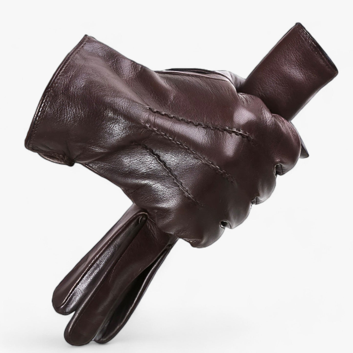 Fitlybuy RippleWarm dark brown sheepskin leather winter gloves with decorative topstitching on a white background.