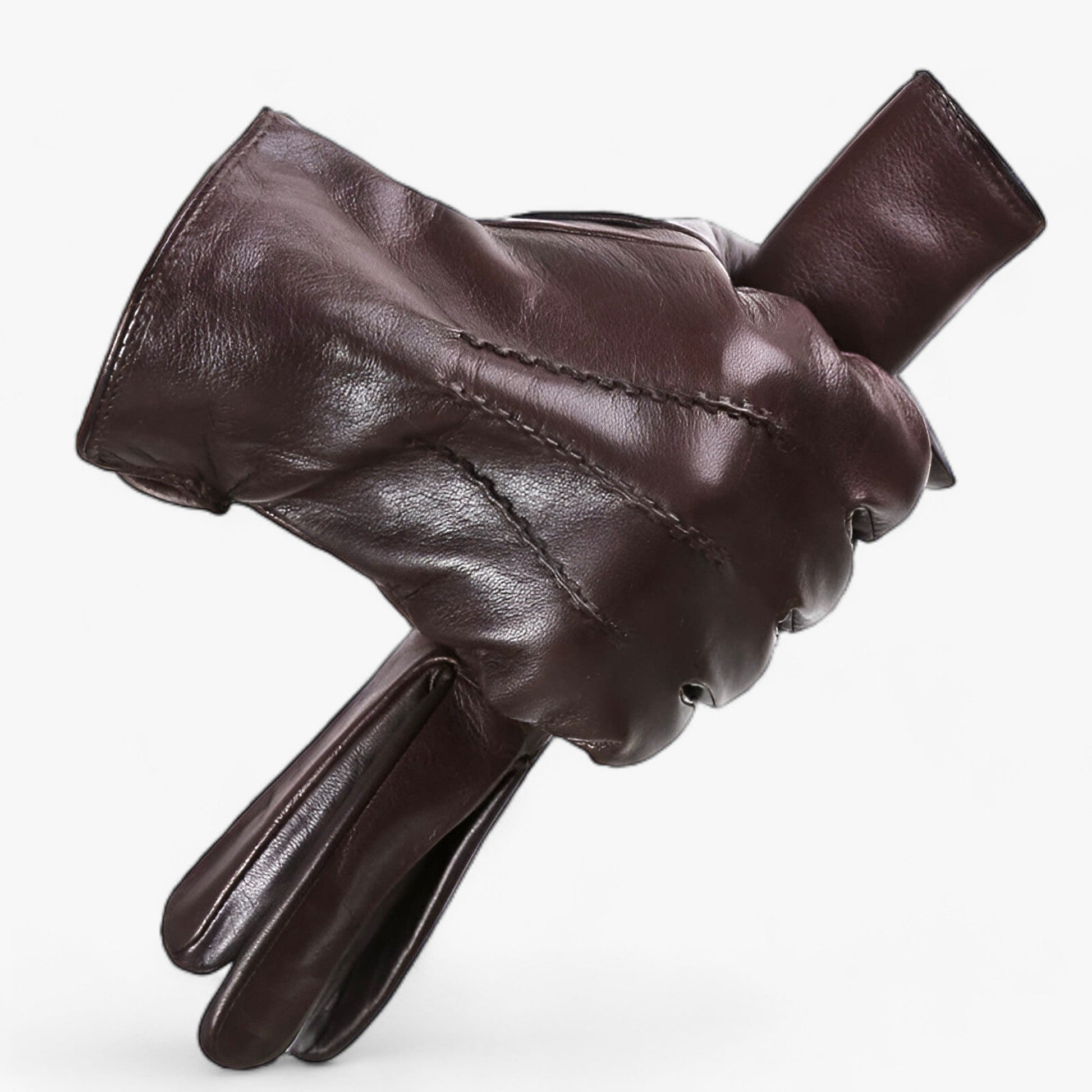 Fitlybuy RippleWarm dark brown sheepskin leather winter gloves with decorative topstitching on a white background.
