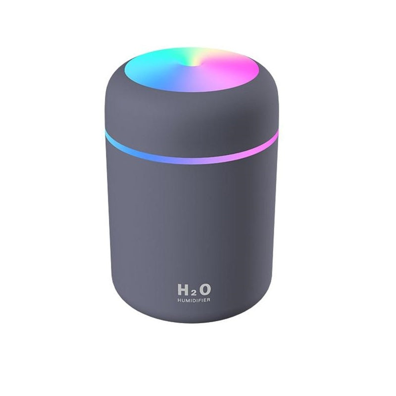 Dark gray cylindrical Fitlybuy aroma air diffuser with colorful LED ring light and H2O Humidifier label.