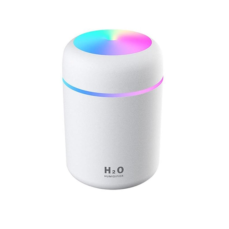 White Fitlybuy portable aroma diffuser with H2O Humidifier label and multicolor LED light ring on top, isolated.