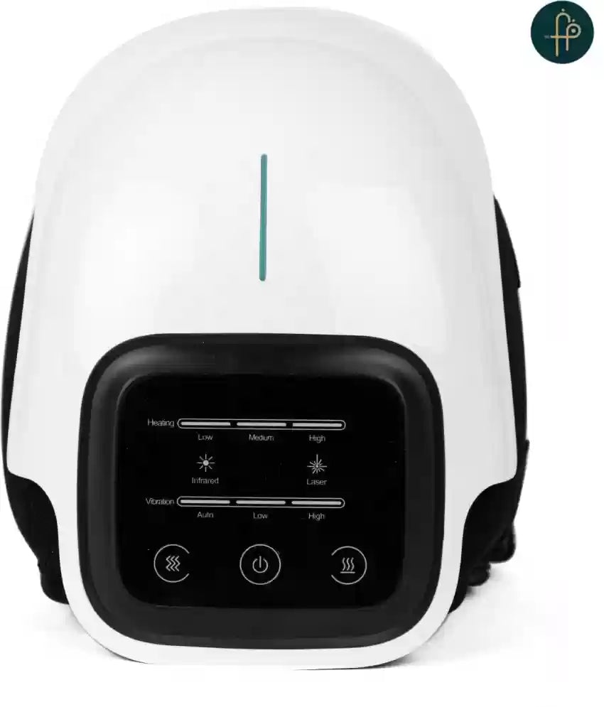 White Fitlybuy knee massager featuring a black control panel with infrared, vibration, and heat therapy settings.