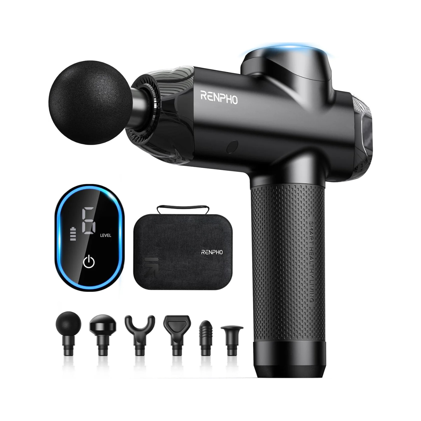 Black Fitlybuy power massage gun with 6 interchangeable heads, digital display, and carry case for deep tissue therapy.