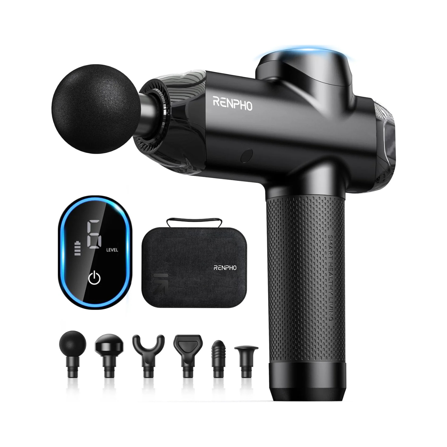 Black Fitlybuy power massage gun with 6 interchangeable heads, digital display, and carry case for deep tissue therapy.