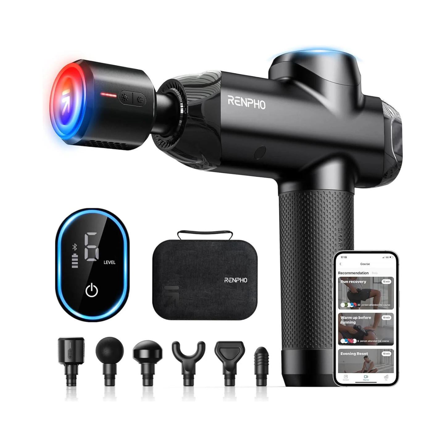 Black Renpho massage gun with glowing heat head, app-controlled screen, carry case, and six massage head attachments.