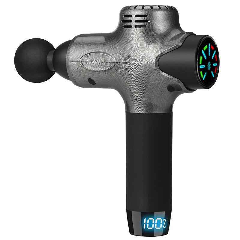 Fitlybuy ProMax gray wood-grain massage gun with black handle, ball attachment, digital battery display, and LED lights.