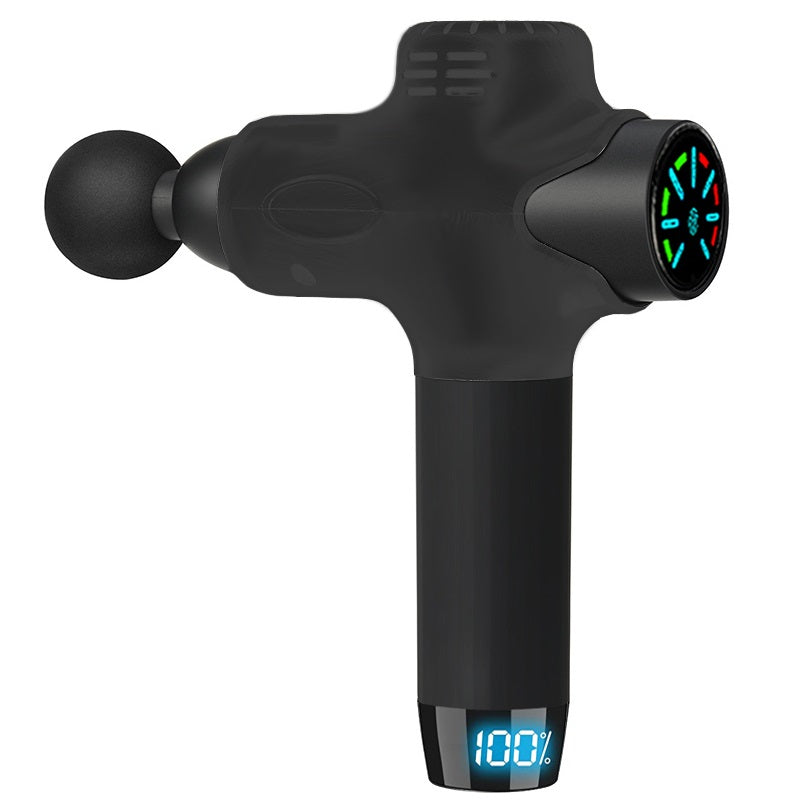 Fitlybuy ProMax black massage gun with ball head, rear LED intensity display, and digital battery percentage screen.