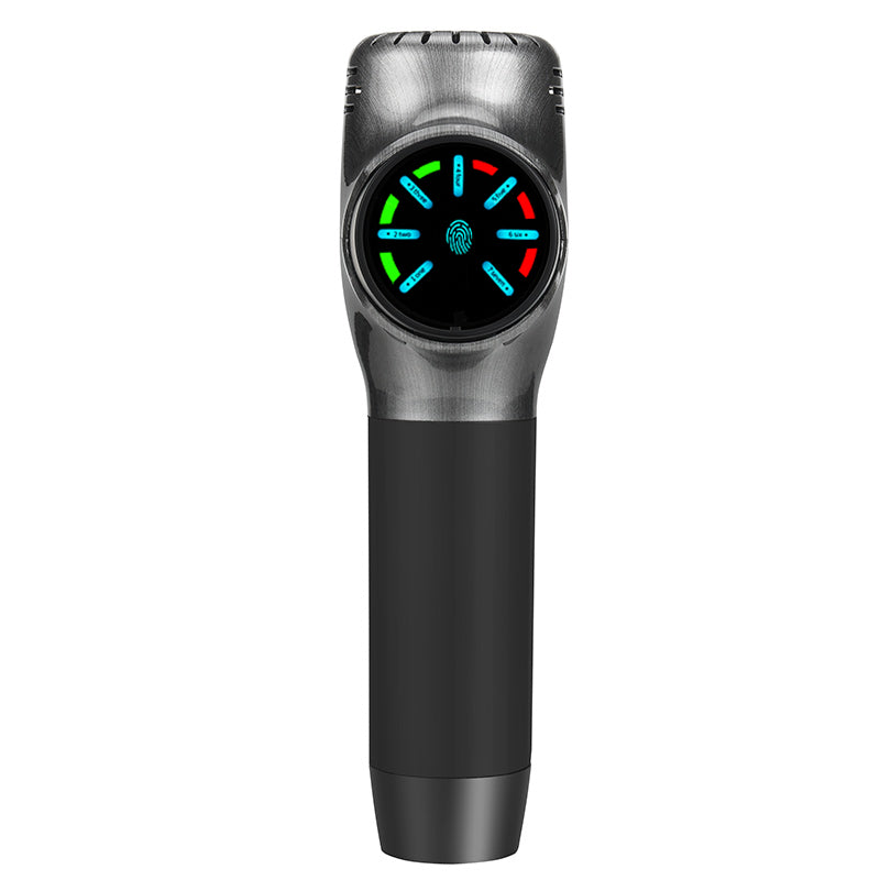 Fitlybuy ProMax massage gun with grey metallic finish, black handle, and a colorful digital touch display.