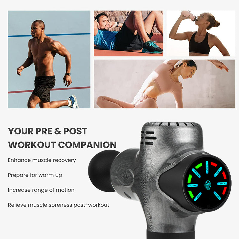 Fitlybuy ProMax gray wood-grain massage gun with circular digital display, shown with active people in workout settings.
