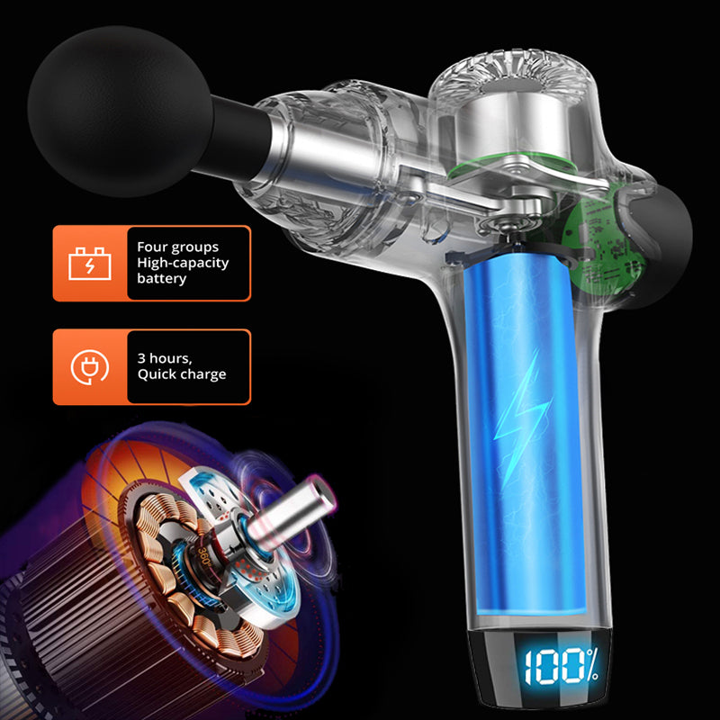 Fitlybuy ProMax transparent massage gun showing high-capacity battery, motor, and digital 100% charge display on black.