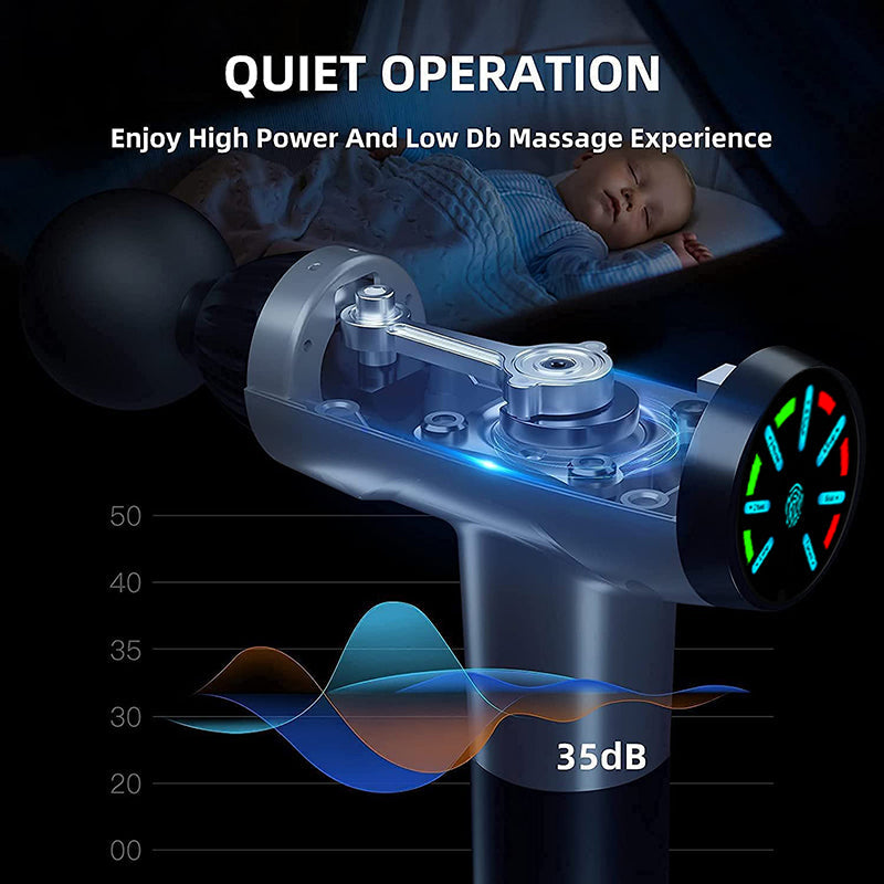 Fitlybuy ProMax massage gun in silver, showing internal motor mechanics and a 35dB quiet operation display.