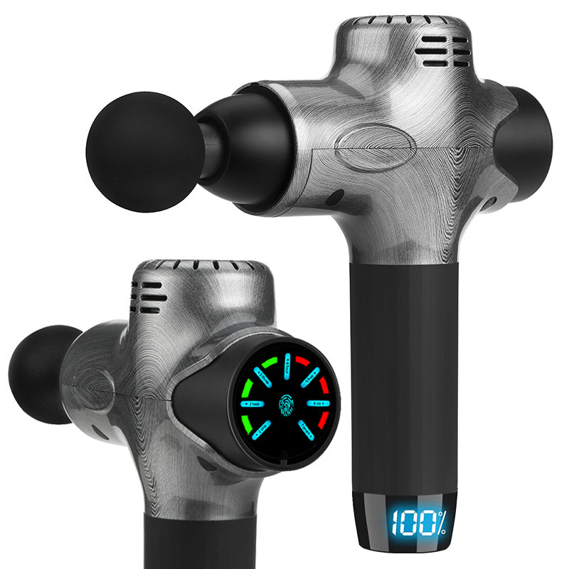 Fitlybuy ProMax massage gun with brushed silver finish, black handle, LED touch screen, and battery level display.