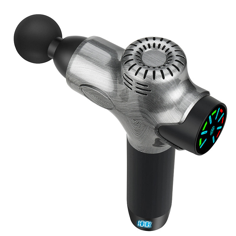 Fitlybuy ProMax massage gun with silver brushed finish, black handle, ball head, and digital LED battery display.