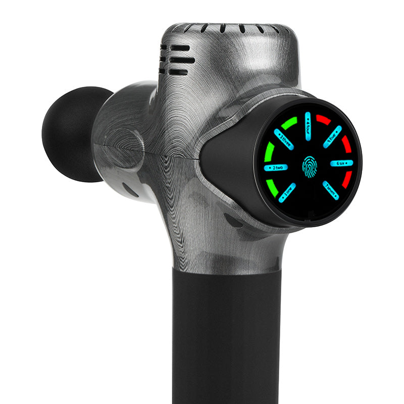 Fitlybuy ProMax gray wood-grain massage gun with black handle, ball attachment, and circular LED intensity display.