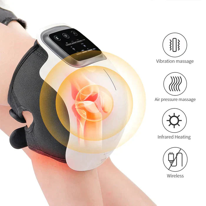 Fitlybuy white and black wireless knee massager with infrared heating, vibration, and air pressure massage on a knee.
