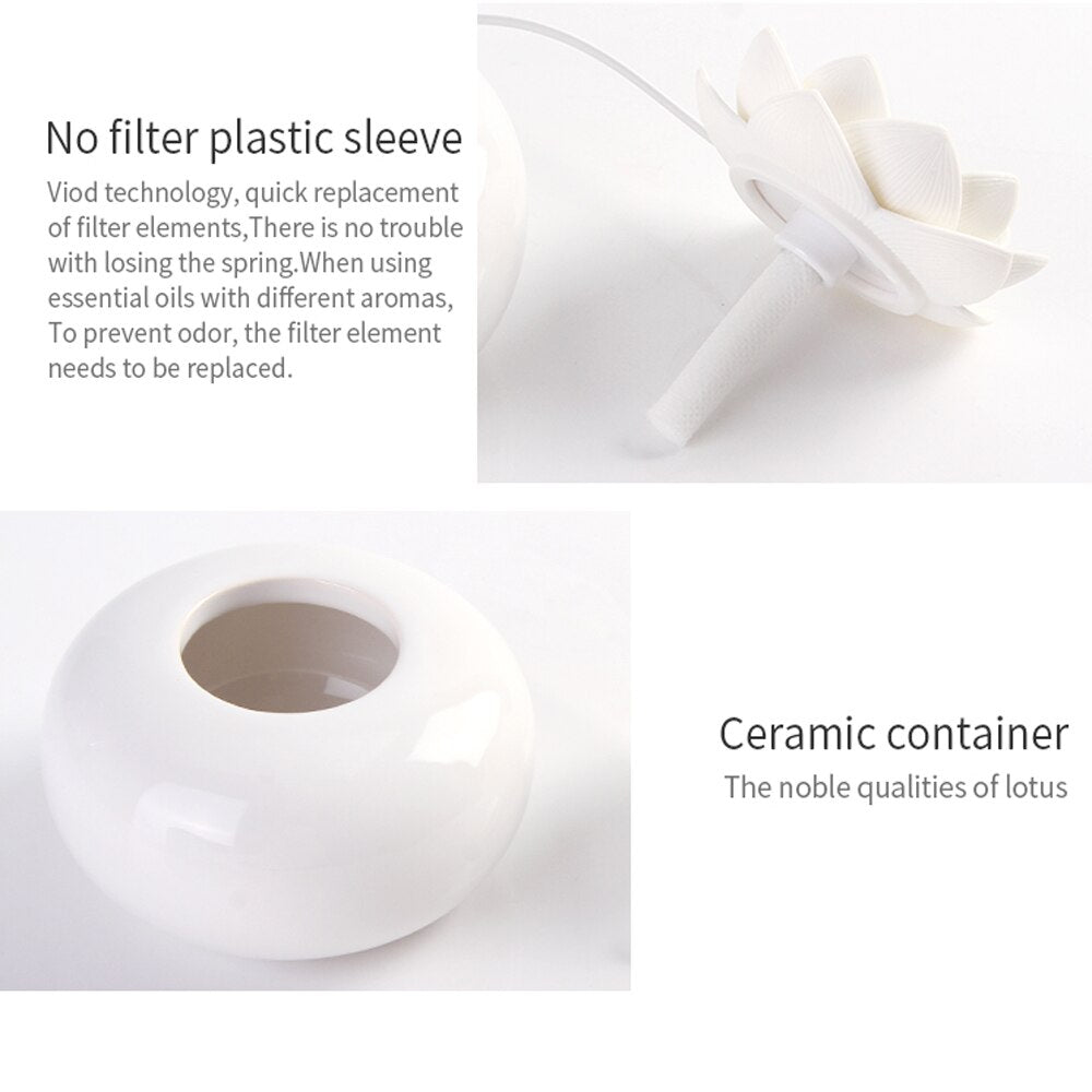 Fitlybuy Lotiscent white ceramic lotus aroma humidifier with ultrasonic oil diffusion and replaceable filter elements.