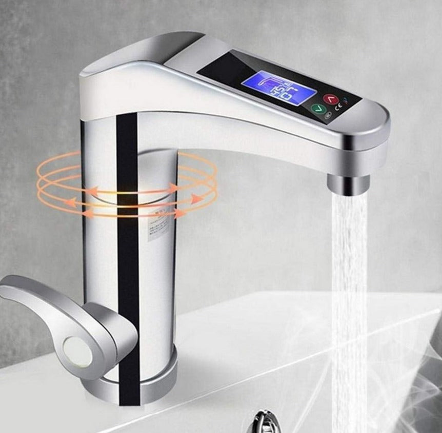 Silver Fitlybuy electric hot water tap with LED temperature display, rotating spout, and steaming water flow.