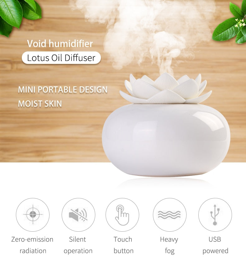 White ceramic lotus aroma humidifier with ultrasonic mist, USB-powered, touch control, and silent operation.