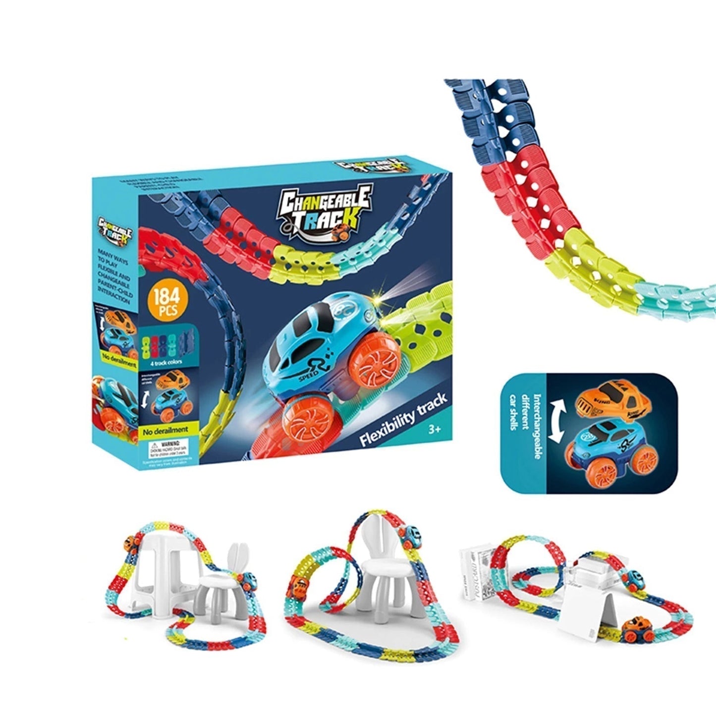 Fitlybuy MagniTrack set: colorful, flexible magnetic racing tracks with two interchangeable toy car shells.