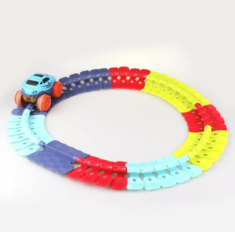 Fitlybuy MagniTrack: A blue toy car on a circular, multi-colored magnetic track for STEM play.