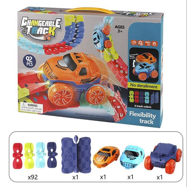 Fitlybuy 92-piece flexible magnetic car track set with LED toy cars, colorful building tracks, and kids' toy packaging.