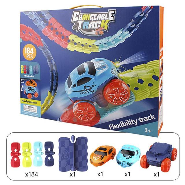 Fitlybuy MagniTrack: 184-piece colorful flexible magnetic car track set with toy cars, shown in its retail box.