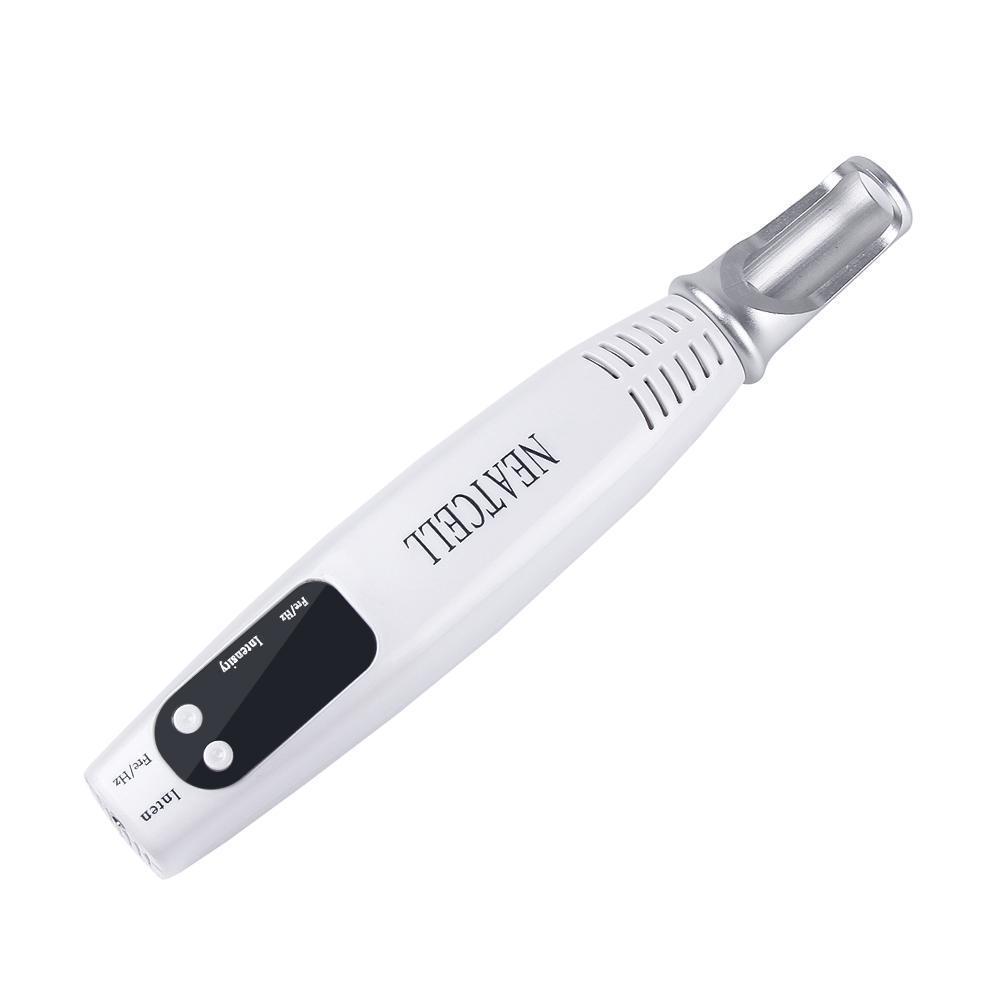 White and silver Fitlybuy Picosecond laser pen for tattoo and spot removal with digital display and control buttons.