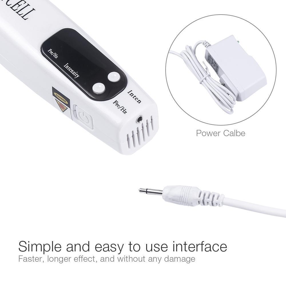 White Fitlybuy picosecond laser pen with digital display, buttons, and included power adapter.
