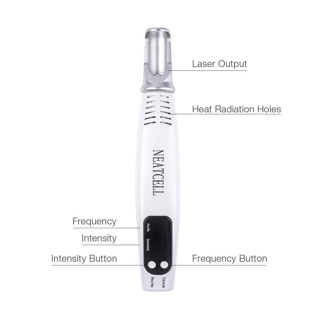 Fitlybuy white picosecond laser pen with labeled laser output, heat holes, and intensity/frequency control buttons.