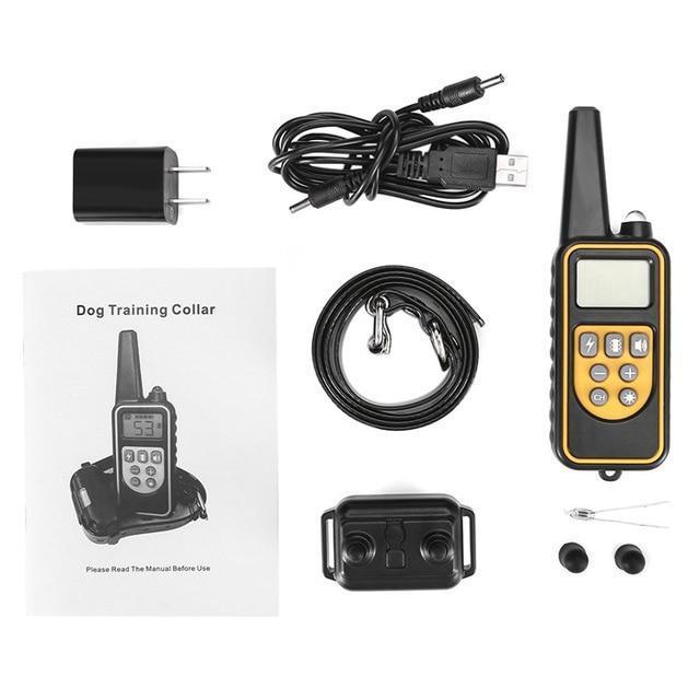 Fitlybuy waterproof dog training collar kit with remote, black strap, receiver, charging cable, and user manual.