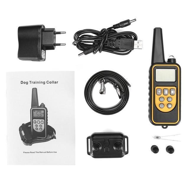 Fitlybuy waterproof dog training collar kit with remote, black receiver, charging cable, and user manual on white.