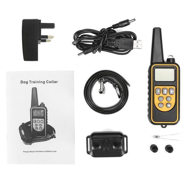 Fitlybuy black waterproof dog training collar with remote, charging cable, power adapter, strap, and manual.