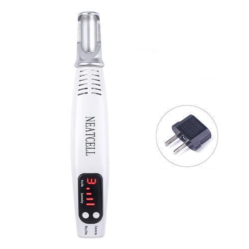 White Fitlybuy Picosecond laser pen with digital display and silver tip, shown next to a US power plug adapter.
