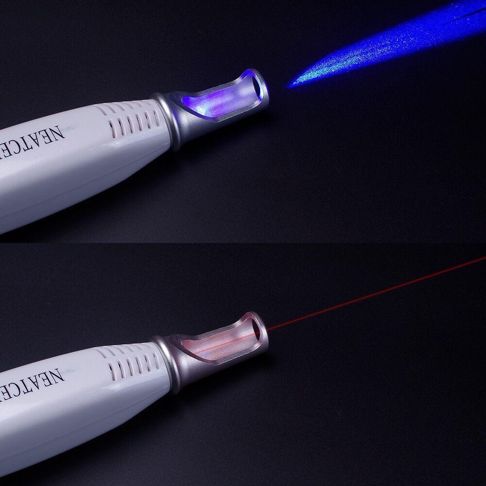 Fitlybuy picosecond laser pen emitting blue and red precision beams for tattoo and dark spot removal on black background.