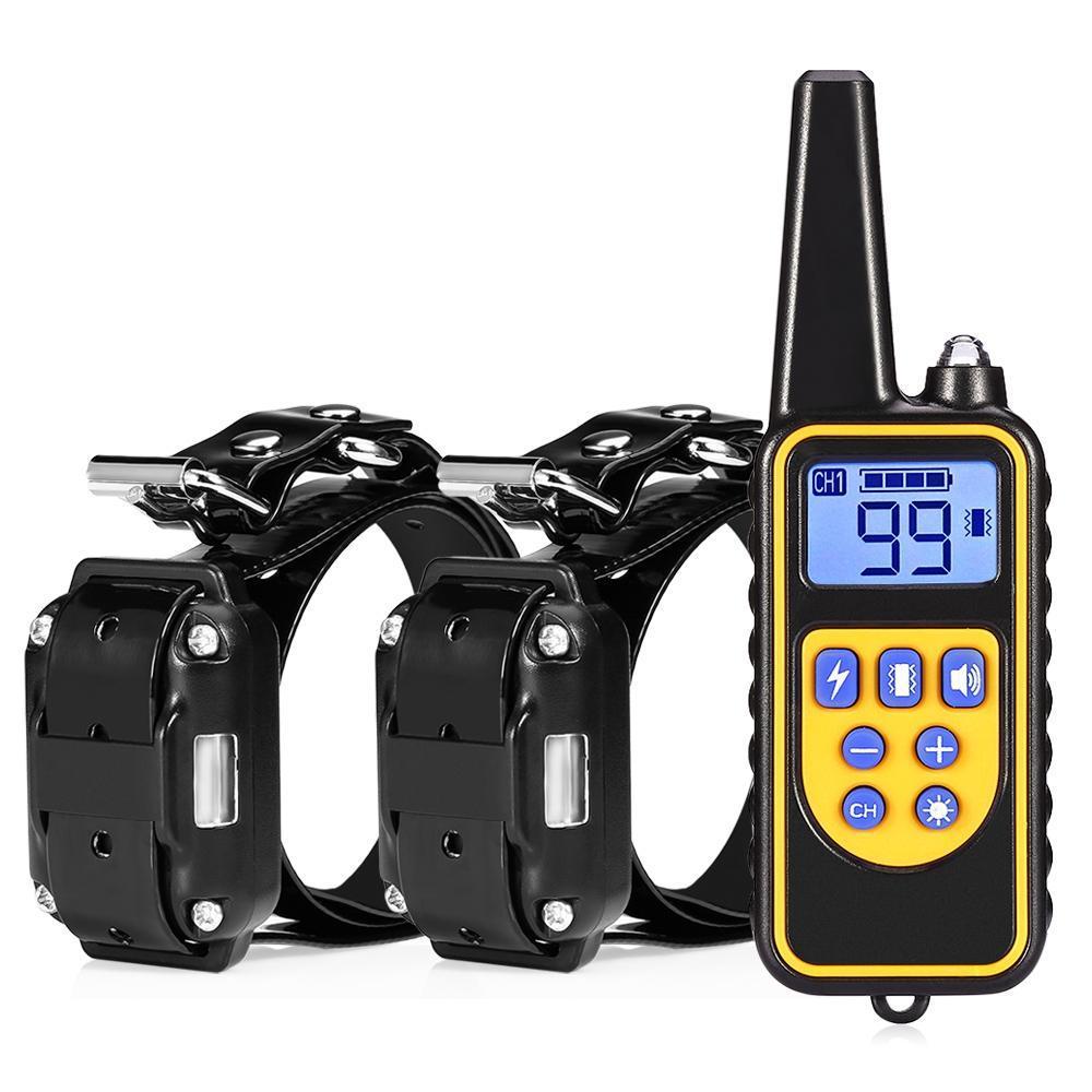 Fitlybuy black waterproof dog training collars with a yellow-accented digital remote featuring mode control buttons.