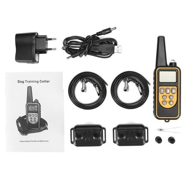 Fitlybuy waterproof dog training collar set with remote, two straps, two receivers, charger, and manual on white background.