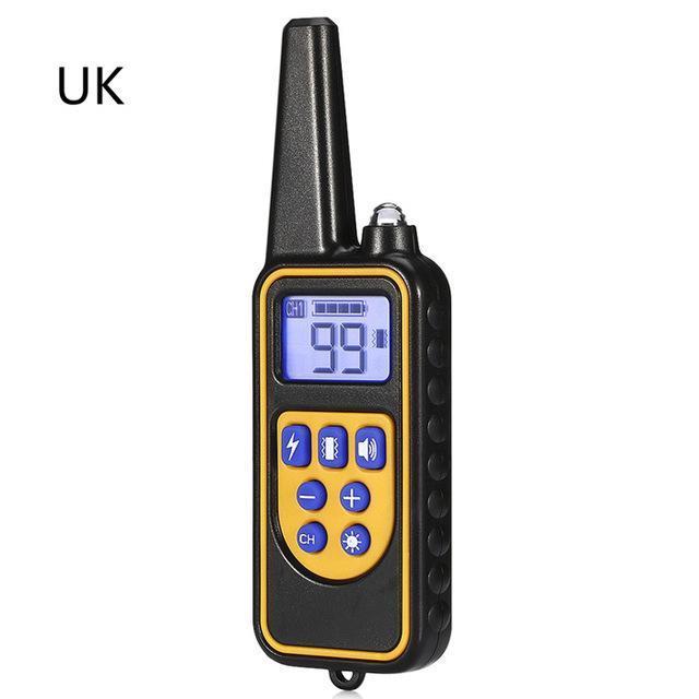 Fitlybuy waterproof dog training remote with LCD screen, yellow and black casing, and button controls for behavior mode.