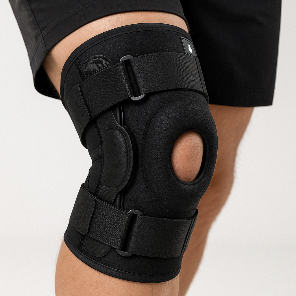 Fitlybuy black knee brace stabilizer with adjustable straps and open patella design worn on a person's leg.