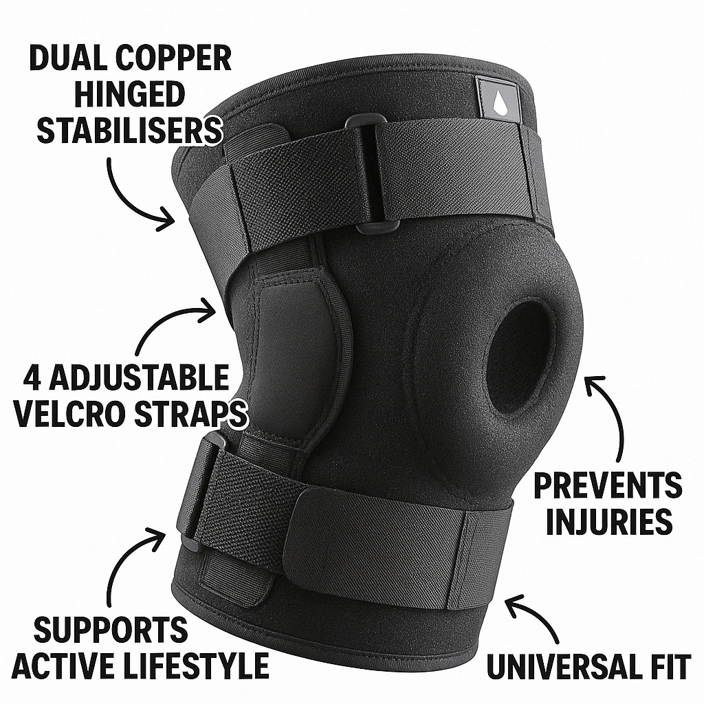 Black Fitlybuy hinged knee brace with adjustable velcro straps and patella cutout for support and injury prevention.